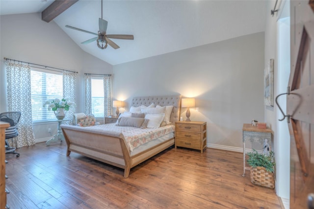 bedroom featuring beam ceiling, ceiling fan, high vaulted ceiling, and wood-type flooring