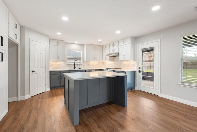 kitchen with gray cabinetry, dark wood-type flooring, white cabinets, sink, and a kitchen island