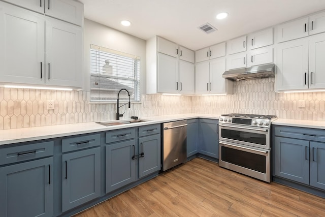 kitchen featuring sink, light hardwood / wood-style flooring, decorative backsplash, white cabinets, and appliances with stainless steel finishes