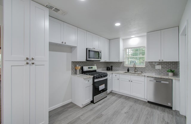 kitchen featuring backsplash, white cabinets, sink, light wood-type flooring, and appliances with stainless steel finishes