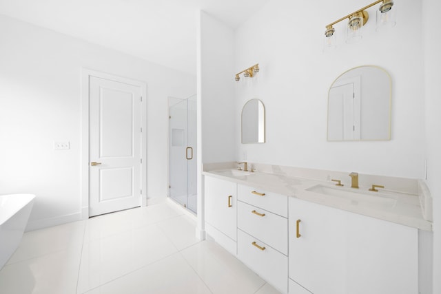 bathroom with tile patterned flooring, vanity, and plus walk in shower