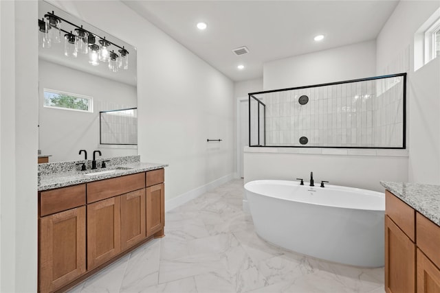 bathroom featuring vanity and independent shower and bath