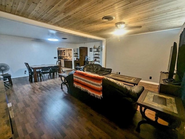 living room featuring dark hardwood / wood-style floors, ceiling fan, and wooden ceiling