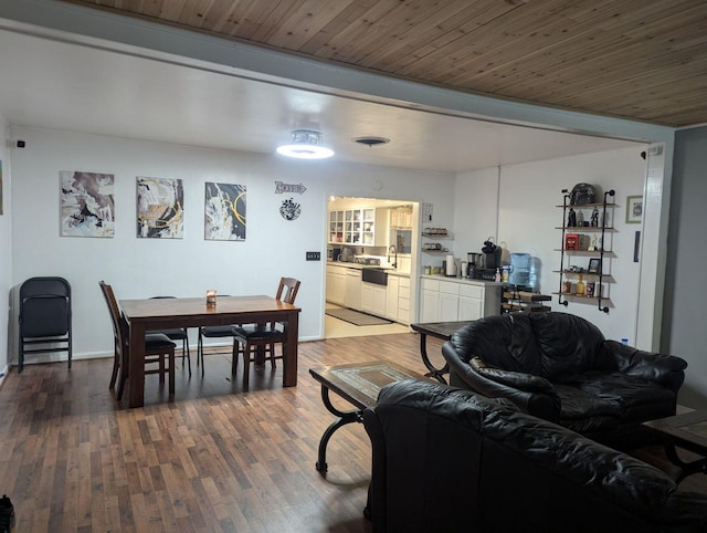 living room with sink, wood ceiling, and wood-type flooring