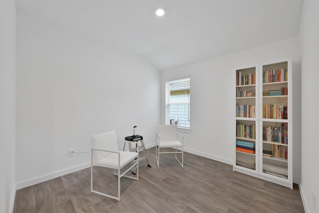 living area featuring wood-type flooring and lofted ceiling