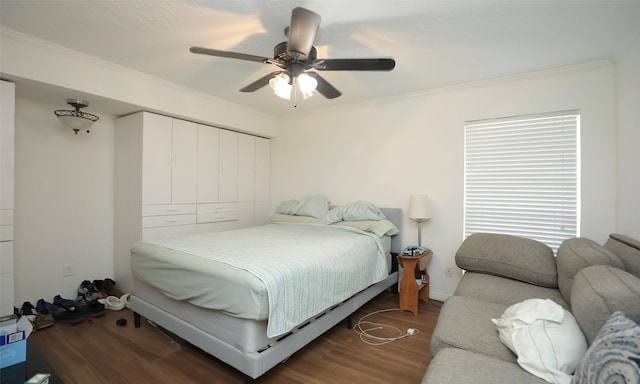 bedroom featuring dark hardwood / wood-style flooring, ceiling fan, a closet, and ornamental molding