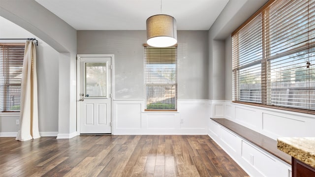 unfurnished dining area featuring dark hardwood / wood-style floors and plenty of natural light