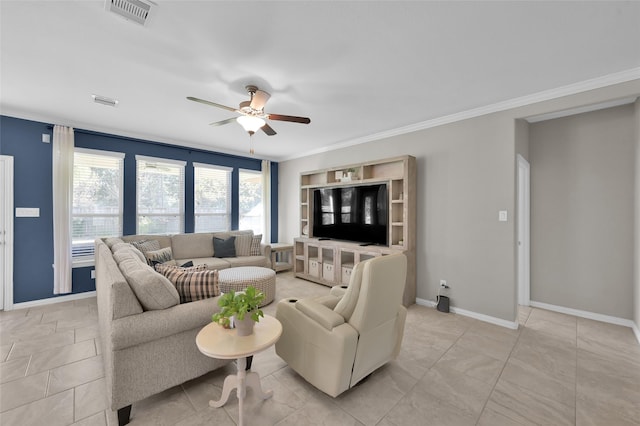 living room featuring ceiling fan, ornamental molding, and light tile patterned flooring