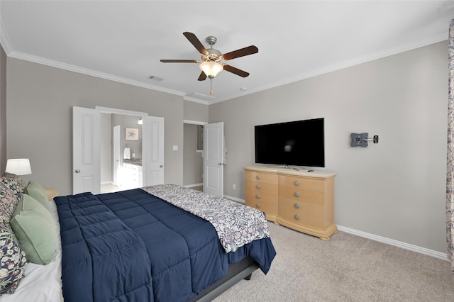 carpeted bedroom featuring ceiling fan and crown molding