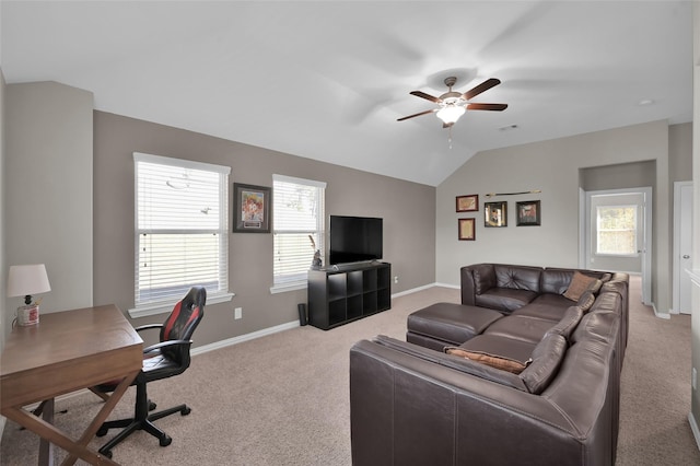 living room with light carpet, ceiling fan, and lofted ceiling