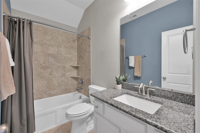 full bathroom featuring vanity, tile patterned floors, vaulted ceiling, toilet, and shower / tub combo