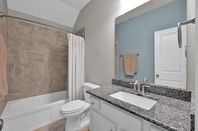 full bathroom featuring vanity, shower / bath combination with curtain, toilet, and lofted ceiling