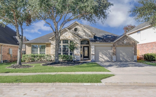 view of front of home with a front yard and a garage