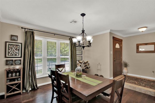 dining space with ornamental molding and dark wood-type flooring