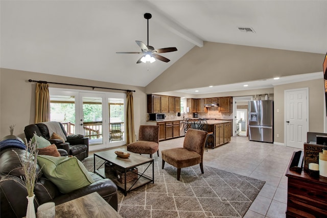 living room with light tile patterned flooring, high vaulted ceiling, ceiling fan, beam ceiling, and french doors