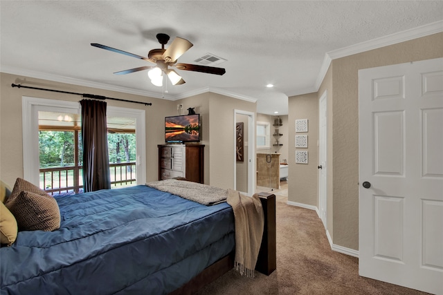 bedroom featuring light colored carpet, a textured ceiling, access to outside, ornamental molding, and ceiling fan