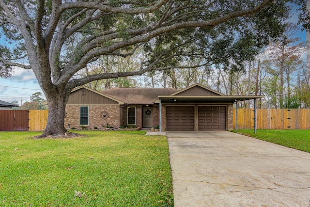 ranch-style house with a front yard and a garage