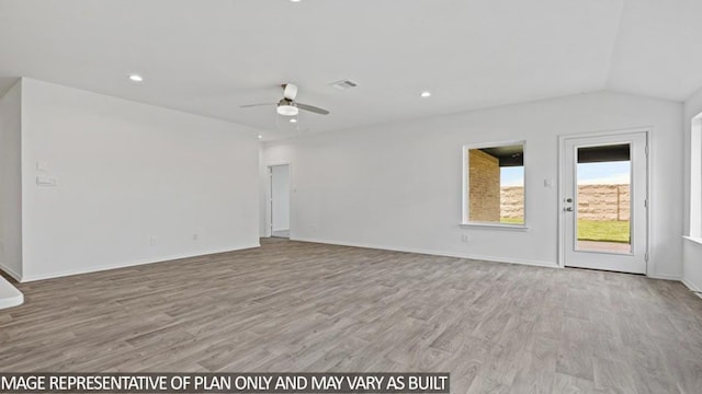 unfurnished living room with light wood-type flooring, ceiling fan, and lofted ceiling