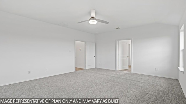 empty room with light carpet, ceiling fan, and lofted ceiling