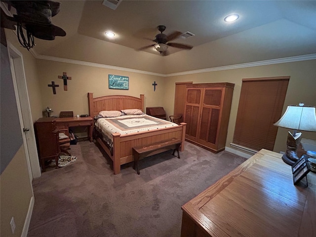 bedroom with ceiling fan, dark carpet, and ornamental molding