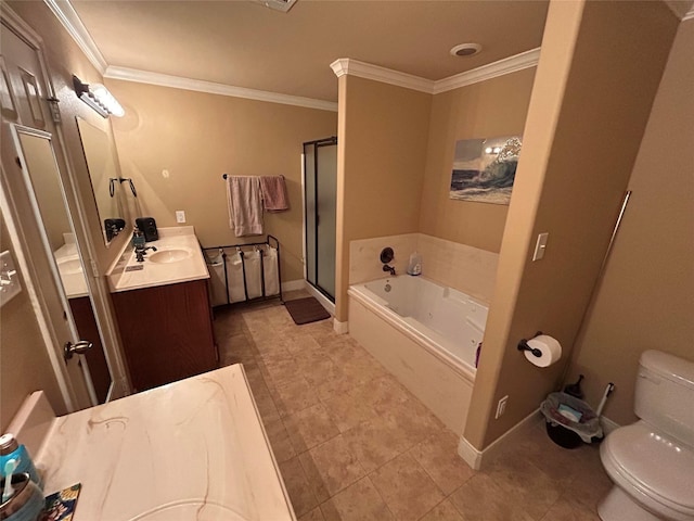 full bathroom featuring tile patterned floors, toilet, vanity, independent shower and bath, and ornamental molding