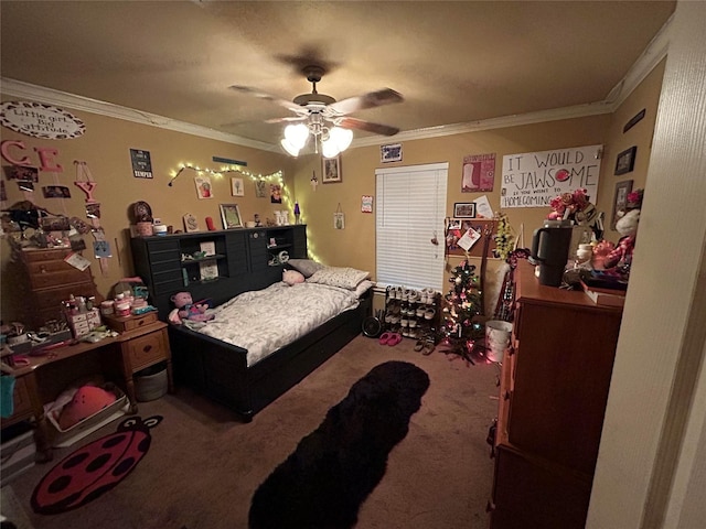 bedroom featuring carpet flooring, ceiling fan, and ornamental molding