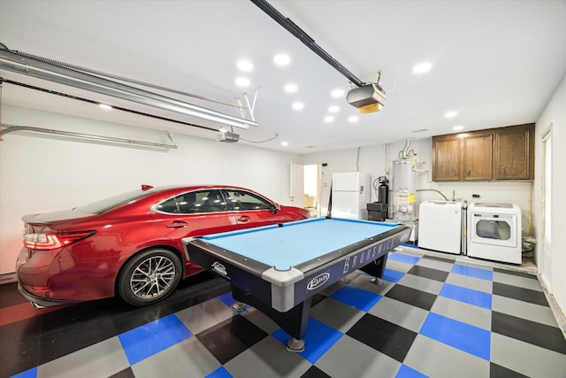 game room with separate washer and dryer, water heater, and billiards