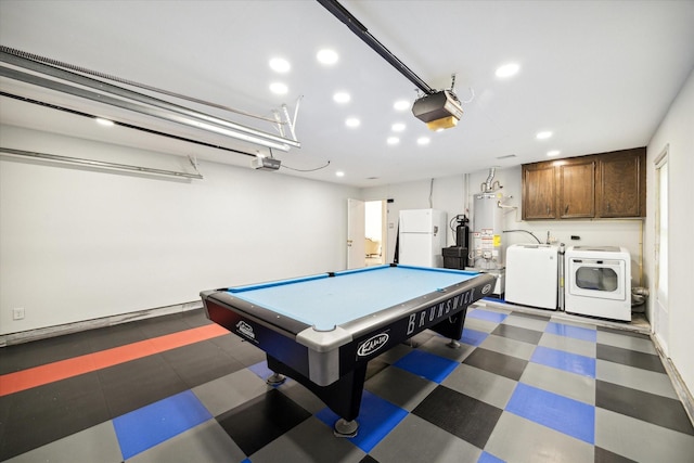 game room with separate washer and dryer, gas water heater, and pool table