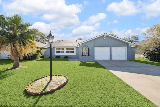 single story home with a garage and a front yard