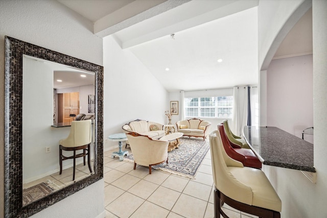 tiled living room with lofted ceiling