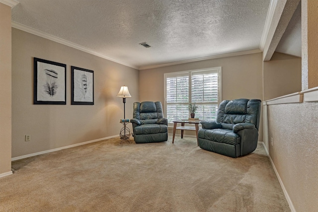 living area featuring a textured ceiling, ornamental molding, and light carpet