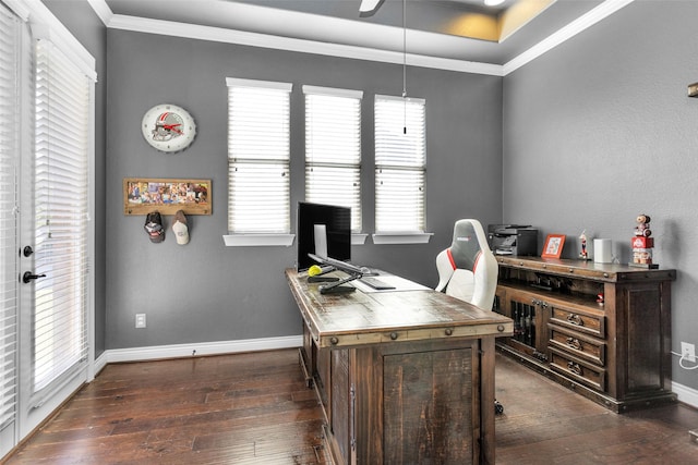 home office featuring dark hardwood / wood-style floors and ornamental molding