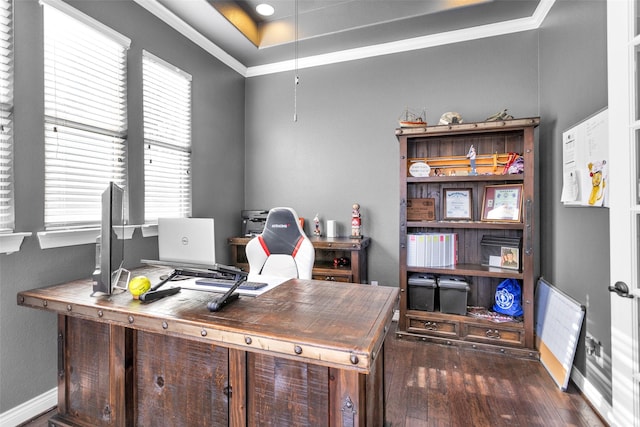 office with crown molding and dark wood-type flooring