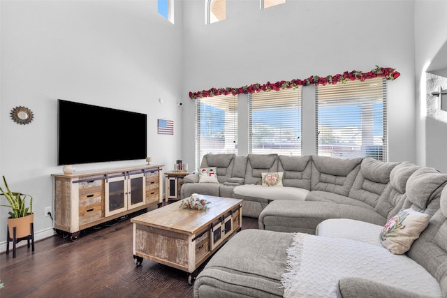 living room featuring plenty of natural light, a towering ceiling, and dark wood-type flooring