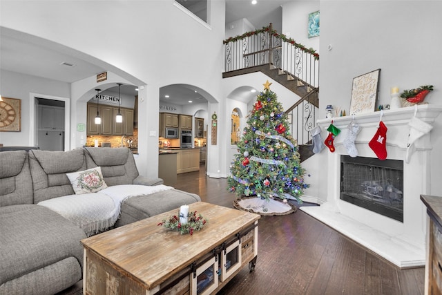 living room with dark hardwood / wood-style flooring and a high ceiling