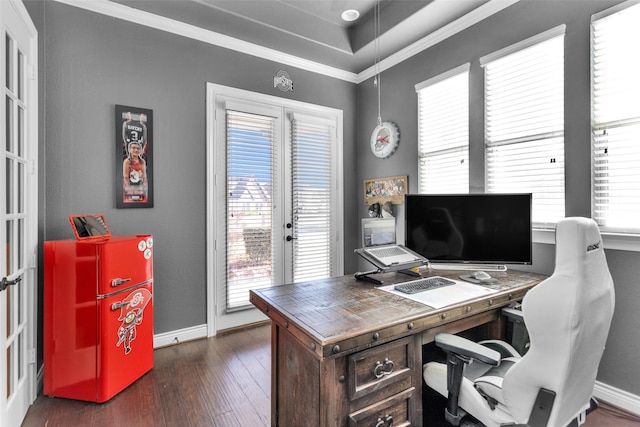 home office featuring french doors, dark hardwood / wood-style flooring, a wealth of natural light, and crown molding