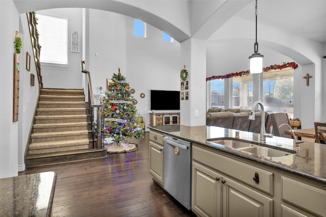 kitchen with stainless steel dishwasher, a healthy amount of sunlight, dark hardwood / wood-style flooring, and sink