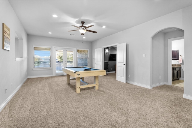 playroom with ceiling fan, light carpet, billiards, and french doors