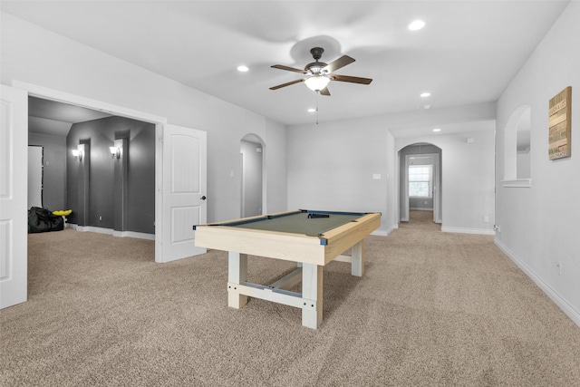 playroom with carpet flooring, ceiling fan, and billiards