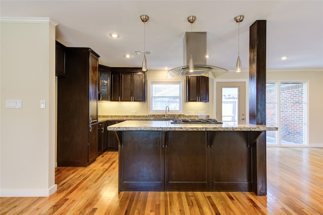 kitchen featuring dark brown cabinetry, light stone countertops, hanging light fixtures, light hardwood / wood-style flooring, and crown molding