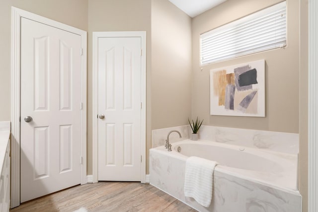 bathroom with a washtub and hardwood / wood-style flooring