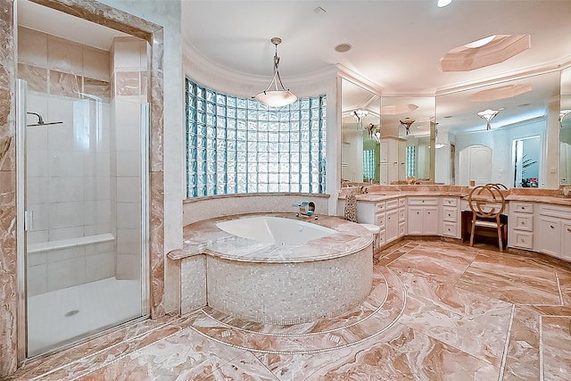 bathroom with vanity, crown molding, and shower with separate bathtub