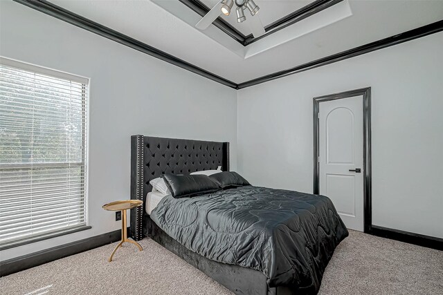 carpeted bedroom featuring ceiling fan and crown molding