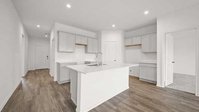 kitchen with hardwood / wood-style flooring, a kitchen island with sink, and sink