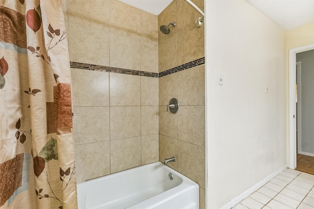 full bath with baseboards, shower / tub combo with curtain, and tile patterned floors