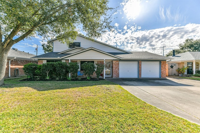 traditional-style home with a garage, brick siding, driveway, and a front lawn