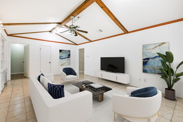 living area featuring vaulted ceiling with beams, light tile patterned floors, ceiling fan, and visible vents