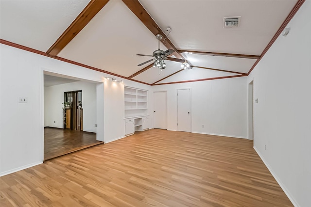 unfurnished living room with ceiling fan, lofted ceiling with beams, visible vents, baseboards, and light wood-style floors