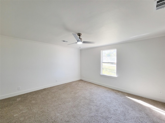 empty room with ceiling fan, carpet, and ornamental molding