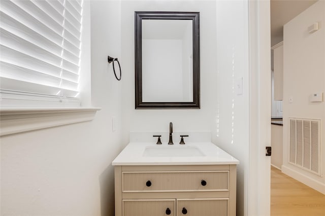 bathroom with wood-type flooring and vanity